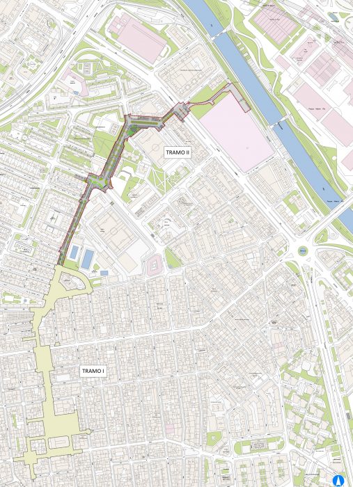 Recorrido completo del itinerario peatonal señalando los dos tramos