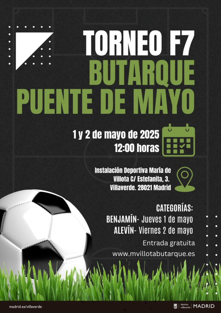 Cartel del Toreno Puente de Mayo, de fondo negro y con un balón dibujado sobre un césped