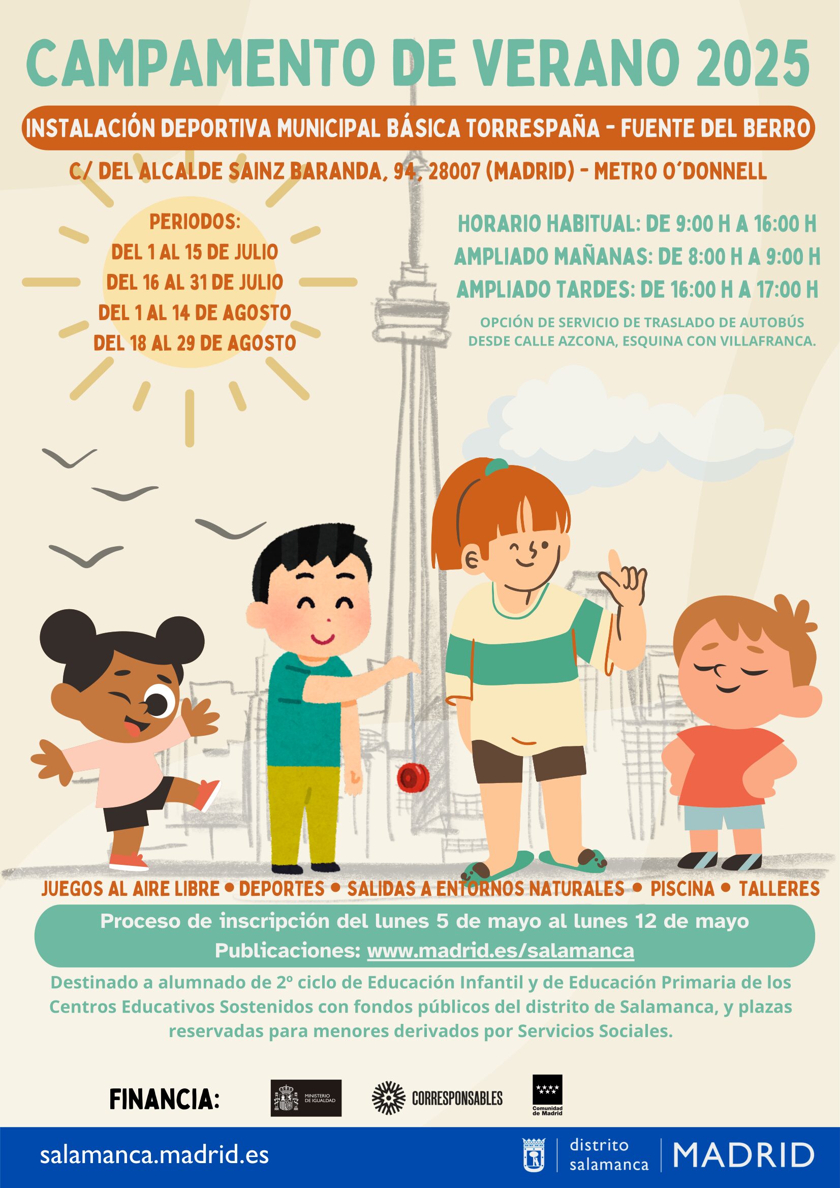 Cartel del campamento de verano 2025 en el distrito de Salamanca con ilustración de niños y la información