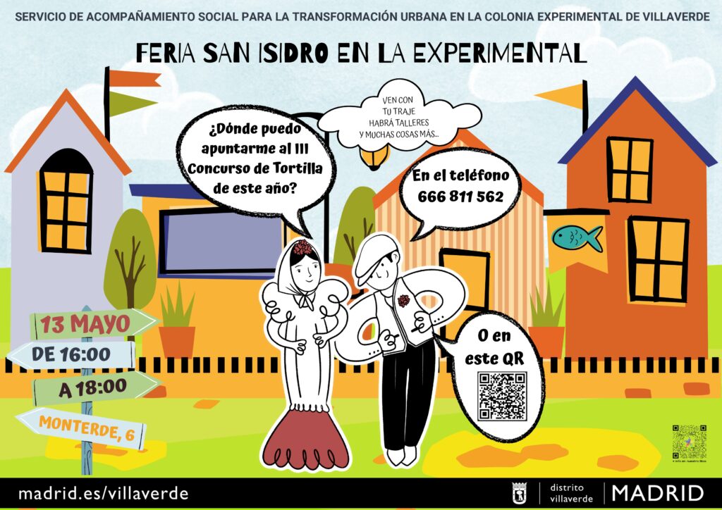 cartel concurso de tortillas, es un dibujo con casas de fondo y un hombre y una mujer vestidos de chulapo