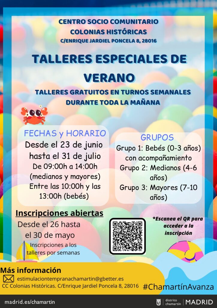 Cartel con bolas de un parque con la información del taller