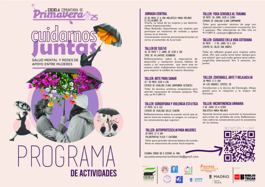 calendario de talleres con un collage de colores morados con mujeres y flores