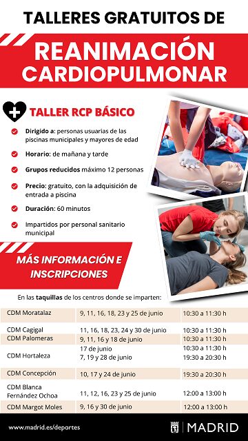 Horarios y lugares del taller de rcp con imágenes de socorristas realizando técnicas de reanimación