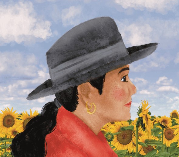 Retrato de perfil de una mujer latina con pelo negro y sombrero en un campo de girasoles