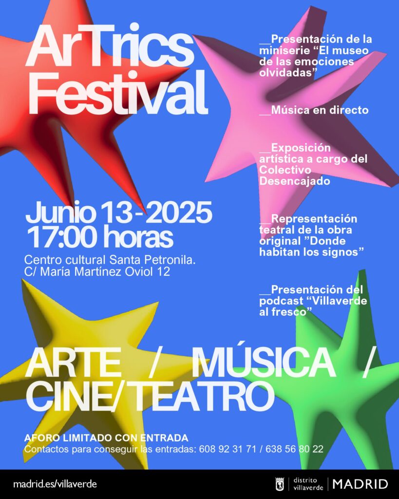 Cartel del Festival ArTrics de arte, música, cine y teatro, en un fondo azul con estrellas