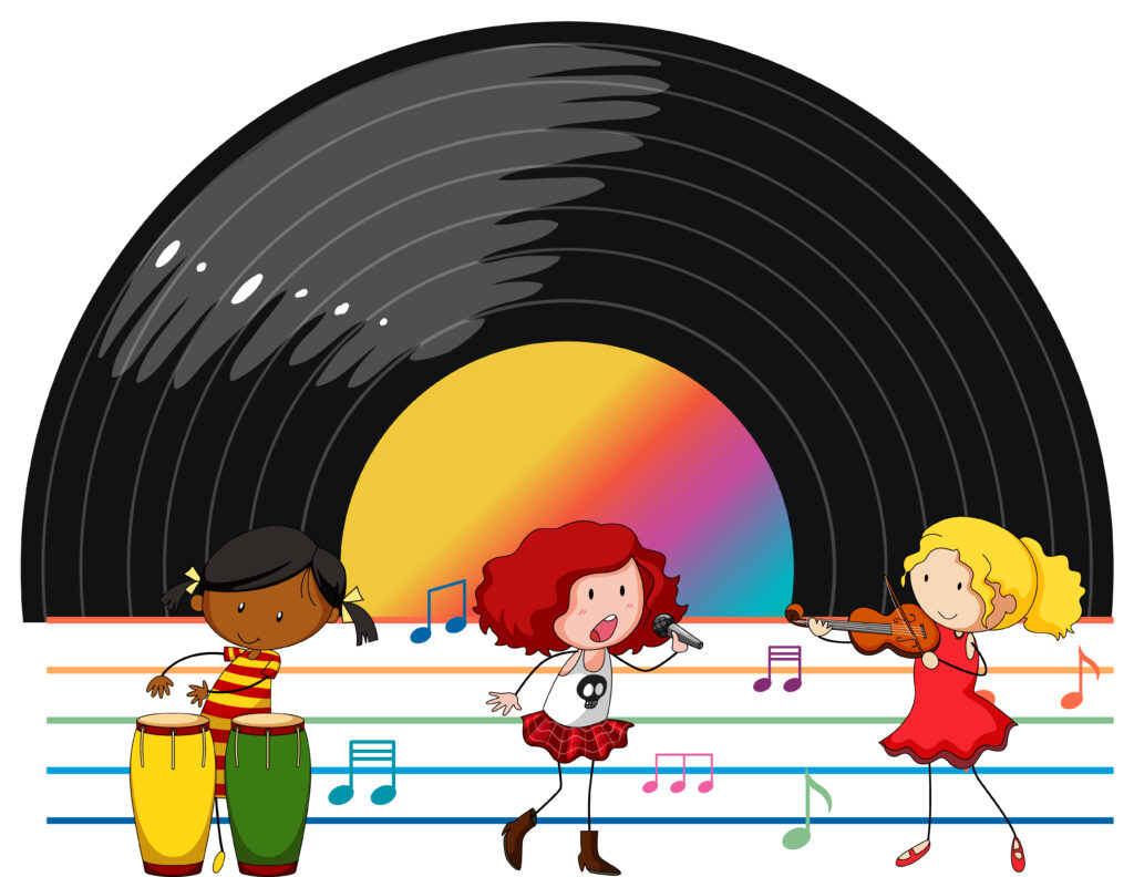 dibujo de unos niños bailando con música con un vinilo de fondo