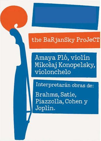 Cartel con la imagen de un violín dibujado de color azul y letreros horizontales a la derecha