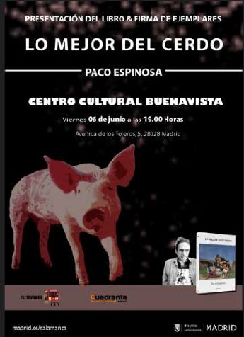 fotografía de un cerdo sobre un cartel negro y un libro