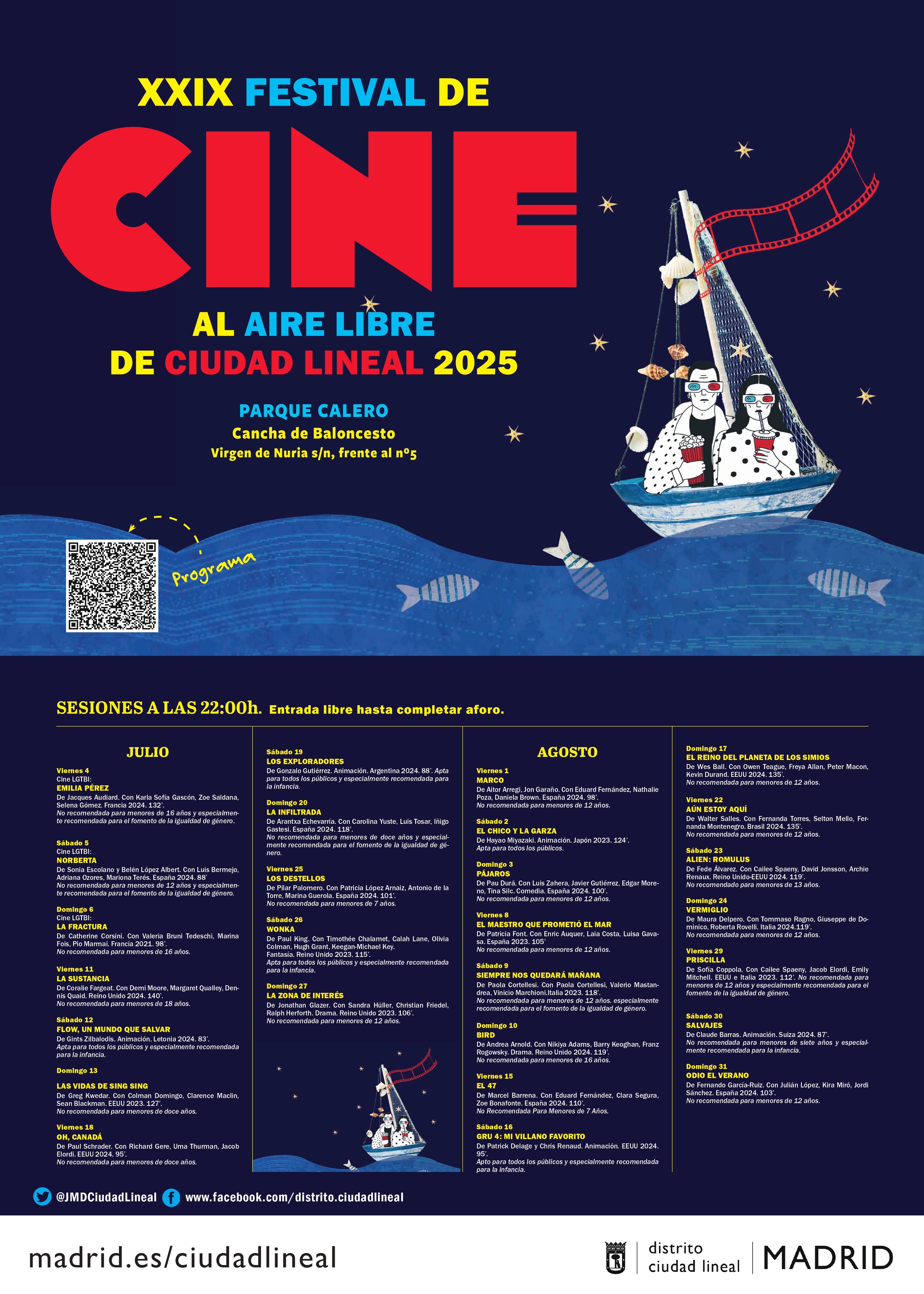 Cartel del cine de verano de 2025 en el distrito de Ciudad Lineal de Madrid