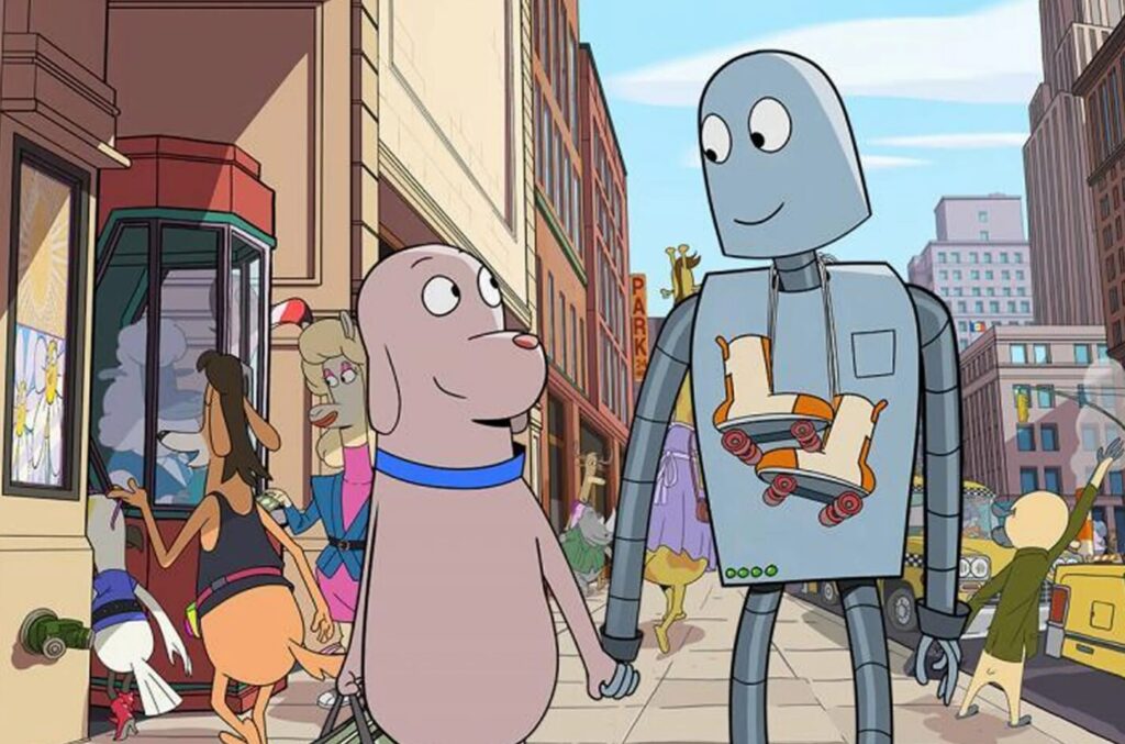 Dog y su amigo robot con patines por una calle de Nueva York