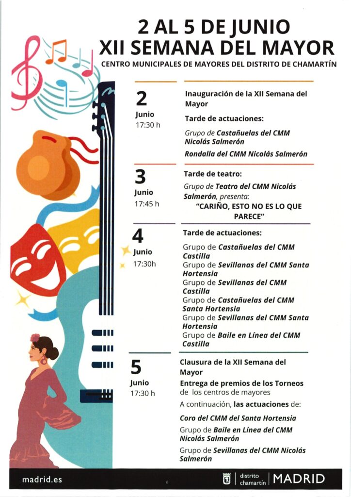Cartel de la XII Semana del Mayor con ilustraciones de máscaras de teatro, castañuelas, una guitarra y una bailarina de flamenco