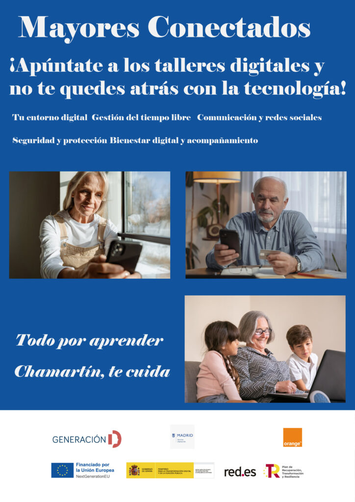 Cartel con mayores utilizando aparatos electrónicos
