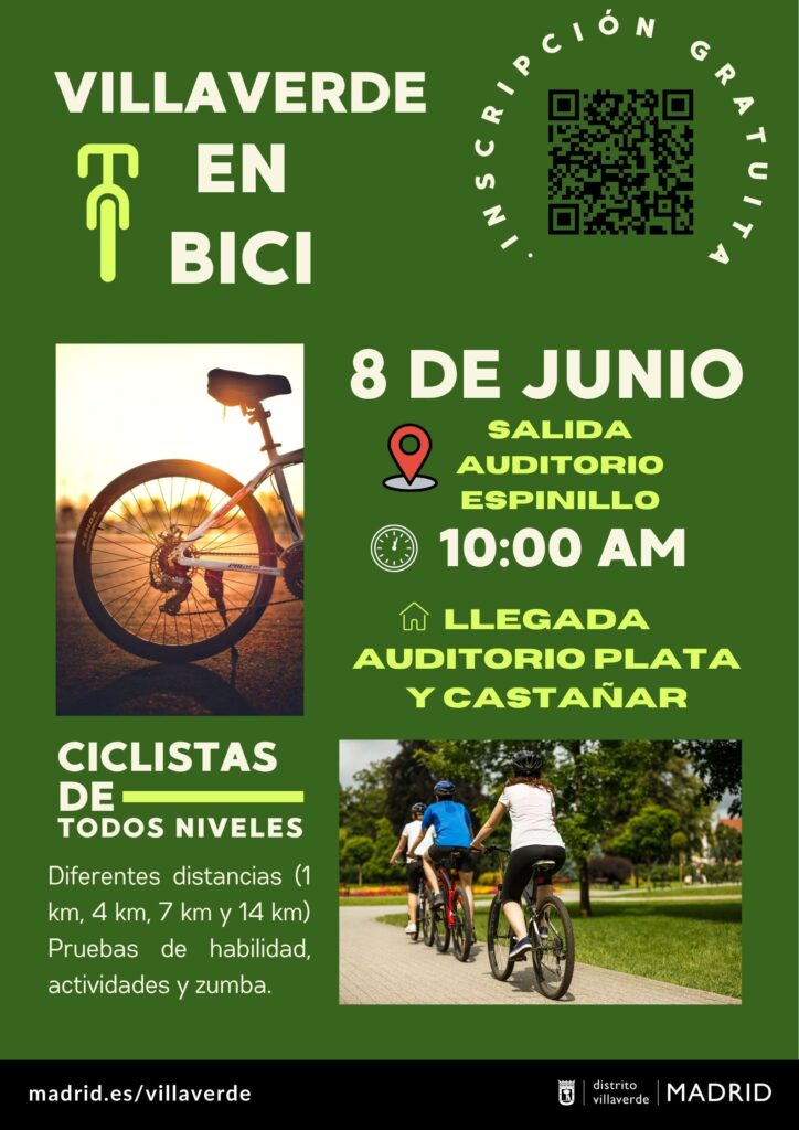 Cartel verde con la imagen de una bicicleta y unos ciclistas por un paseo