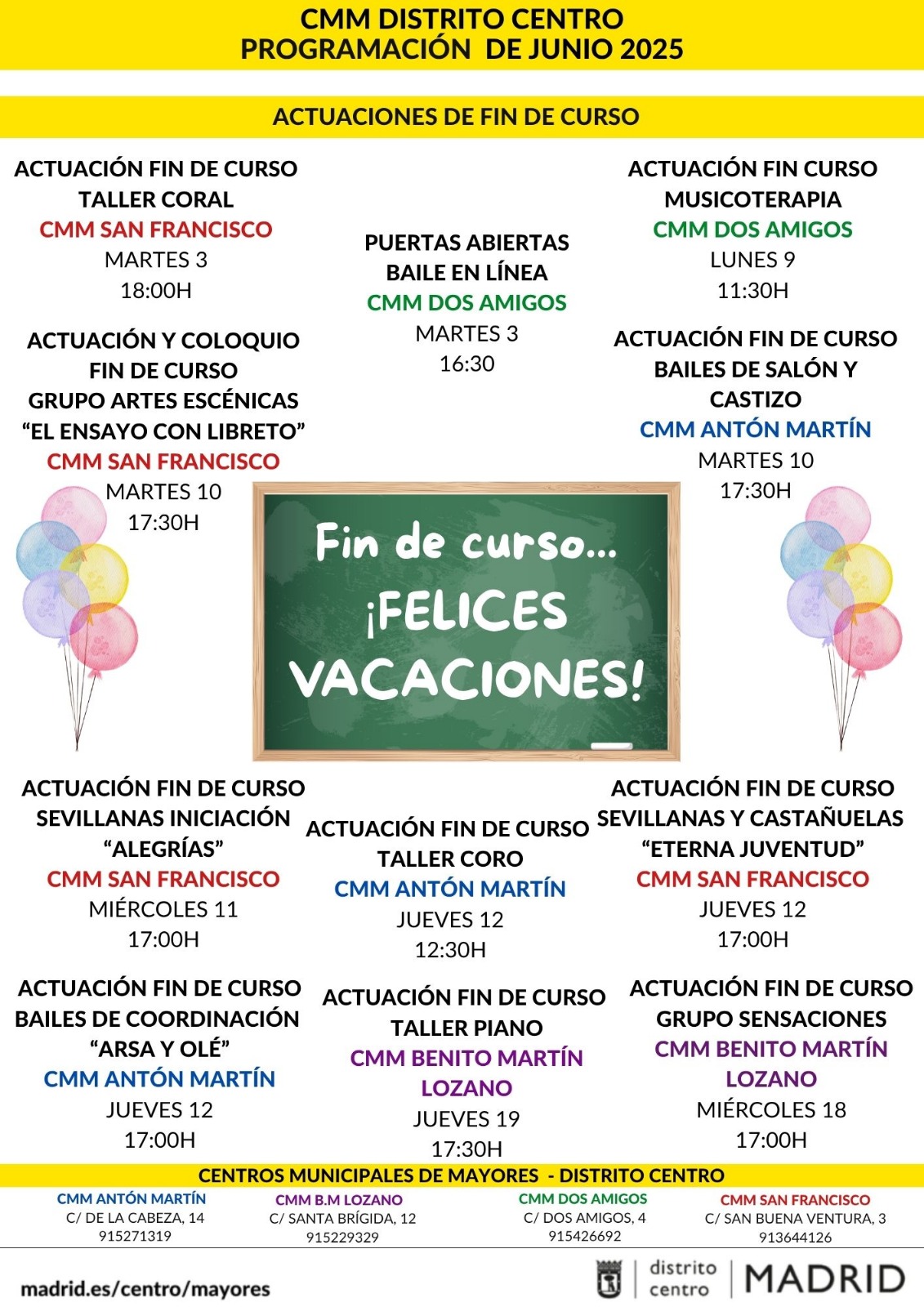 Cartel informativo con las actividades de junio de los centros de mayores de Centro