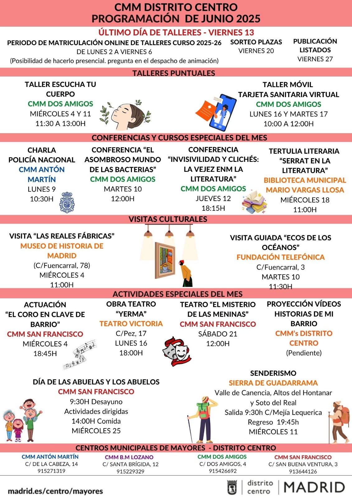 Cartel informativo con la programación de junio en los centros de mayores de Centro