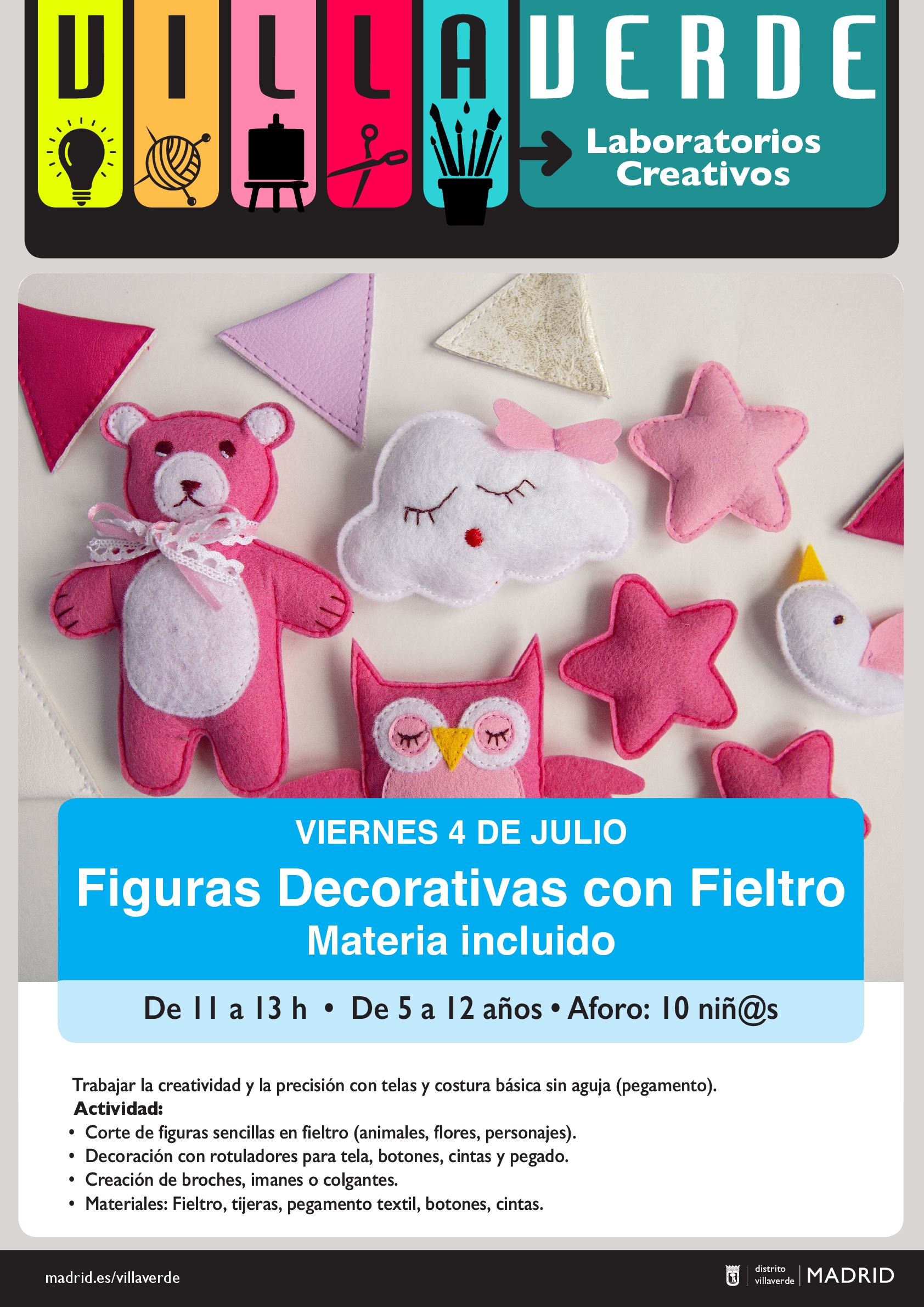 Peluches de fieltro de color rosa. hay un oso, una nube, un búho