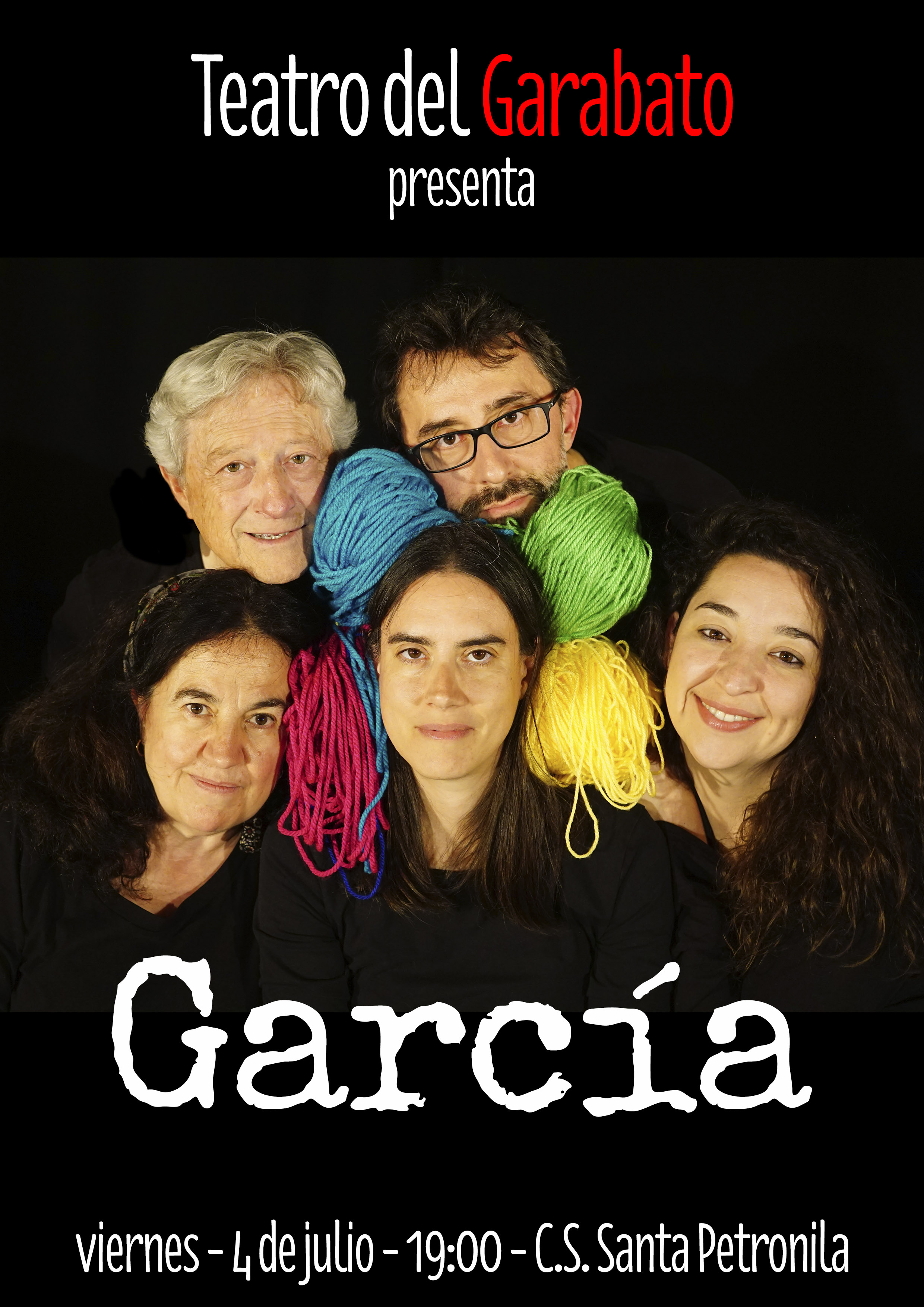 Cartel de una obra de teatro con cinco rostros de hombres y mujeres unidos con hilos sobre un fondo negro