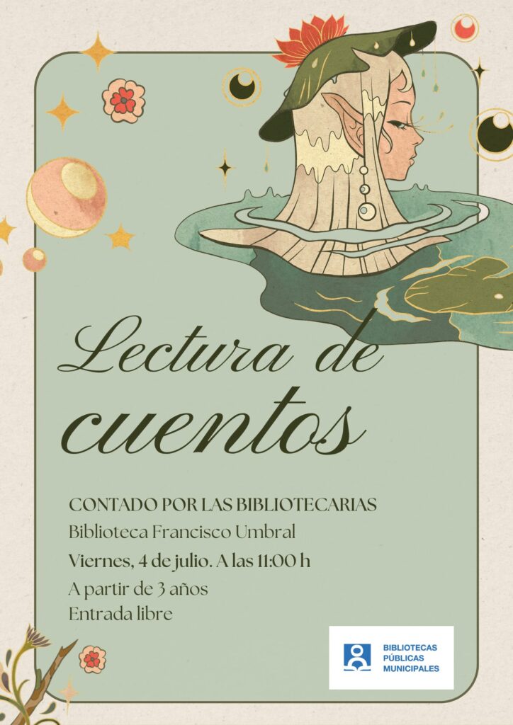 Cartel de color verde con el rostro de un hada y la palabra cuentos escrita en cursiva