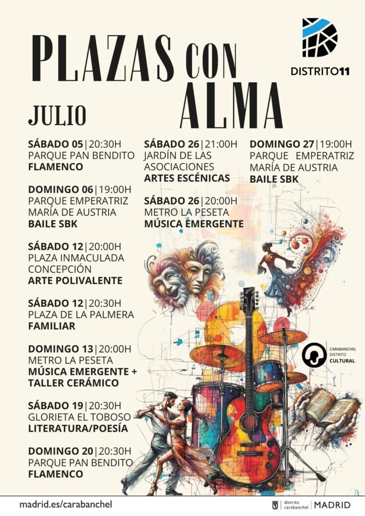 Programación de Plazas con Alma de Julio. Es un cartel de color claro con ilustraciones de diferentes artes como el baile, la música y el teatro