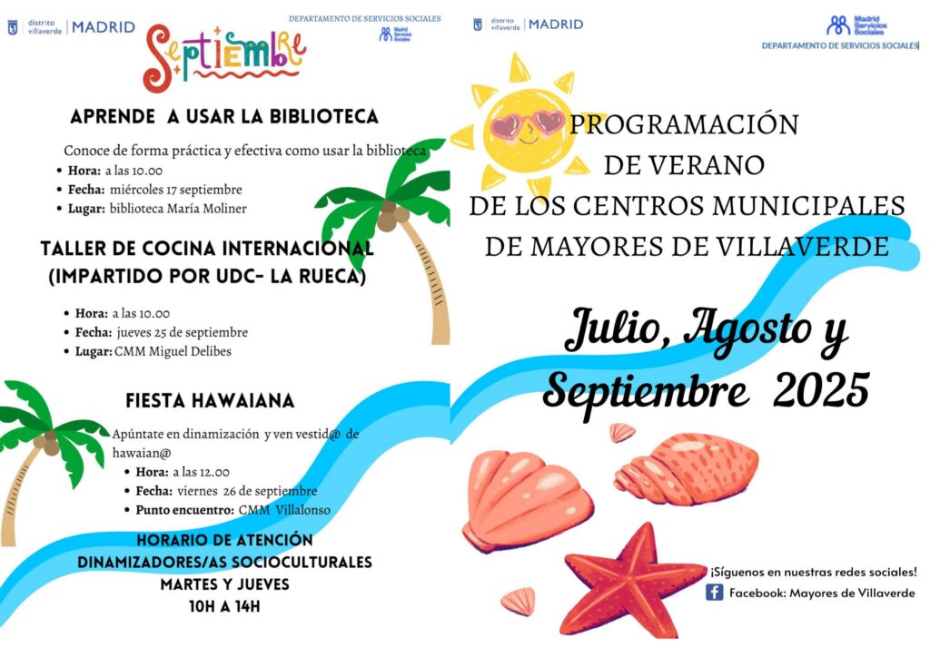 Programación del centro de mayores de verano con ilustraciones de una playa