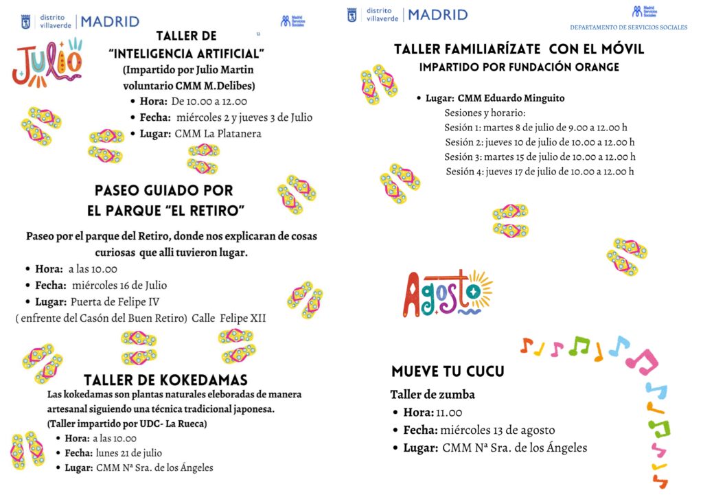 Programación del centro de mayores de verano con ilustraciones de una playa