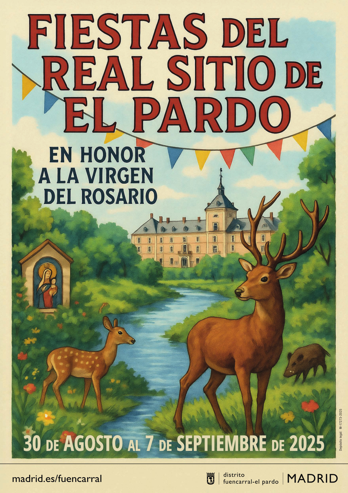 Cartel de las fiestas de El Pardo 2025 con una ilustración con un río, gamos, un palacio de fondo y una ermita