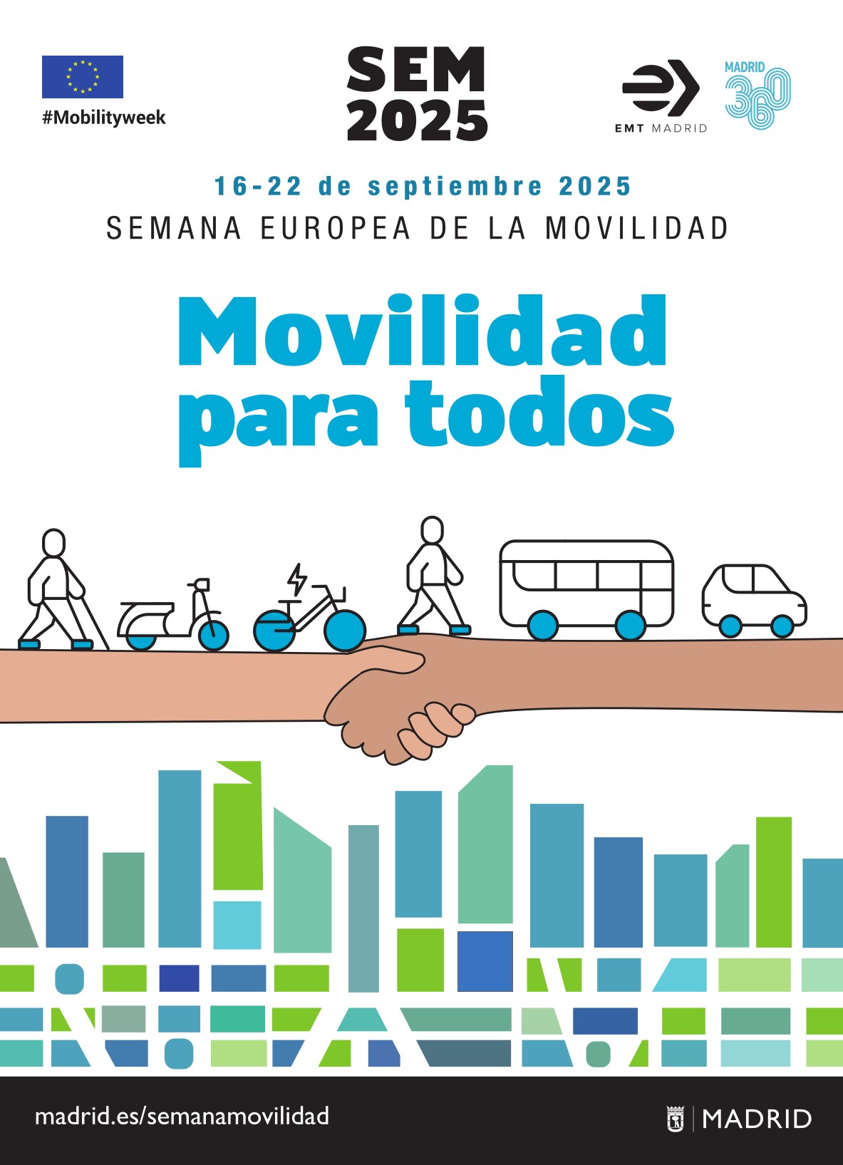 Cartel de la Semana Europea de la Movilidad 2025 donde aparecen motivos de la temática y la información y lema de la edición