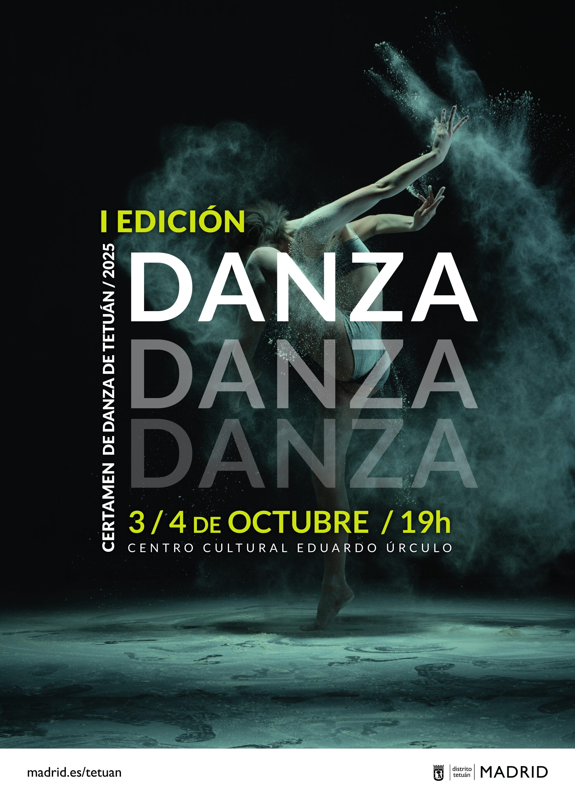 Cartel promocional del I Certamen de Danza de Tetuán donde aparece una bailarina sobre la arena y la información del evento