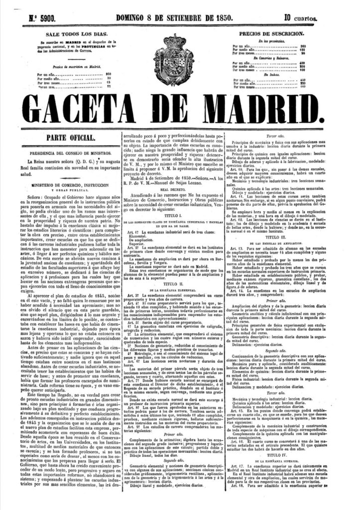 Real Decreto firmado por Isabel II que instauró la profesión de Ingeniero Industrial en España y creó el Real Instituto Industrial, germen de la actual ETSII.