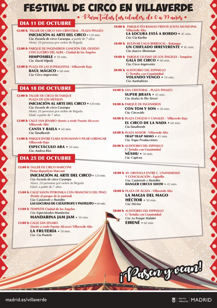 Cartel de circo con las actividades y el techo de una carpa