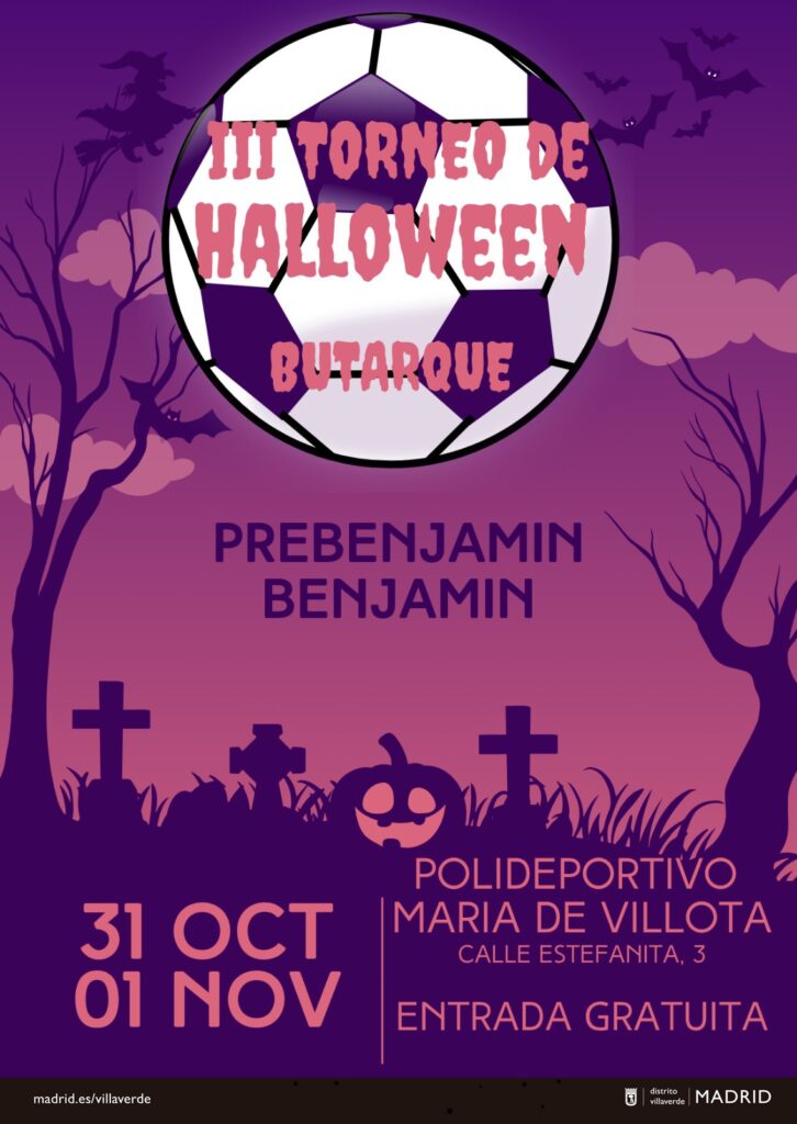 Una pelota de fútbol sobre un cementerio con letras de ambiente de halloween