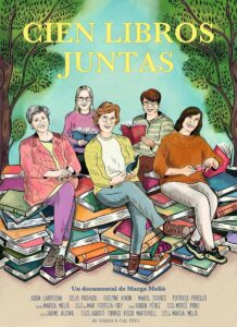 Ilustración de unas mujeres sentadas sobre un banco de libros en un parque