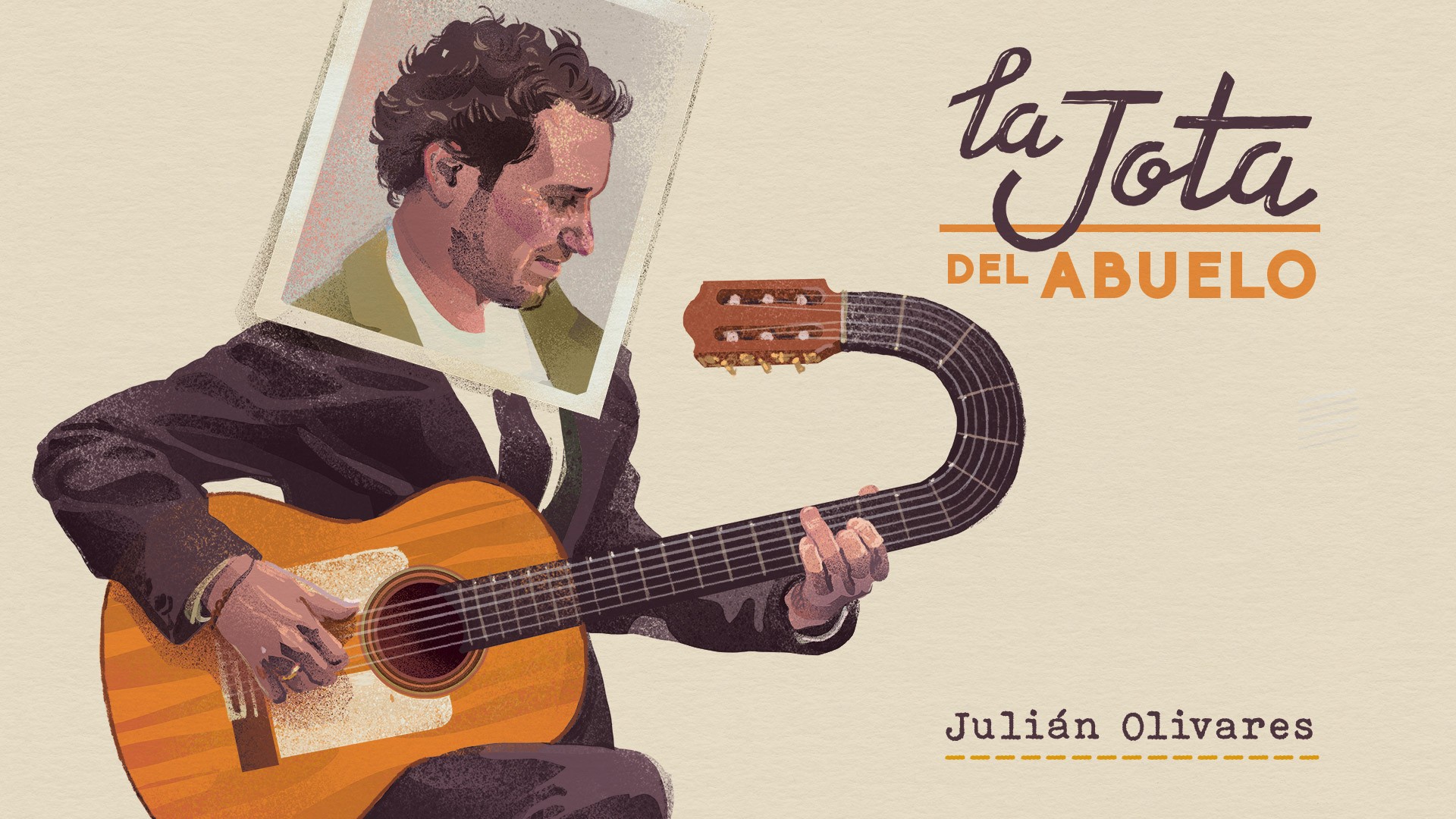 Ilustración del cartel “La Jota del Abuelo” de Julián Olivares, con un hombre tocando una guitarra cuyo mástil se curva, y una fotografía de su rostro superpuesta, sobre fondo beige con tipografía artística en negro y naranja. Actividad dentro de la programación de 21 Distritos y la agenda cultural del puente de la Almudena.