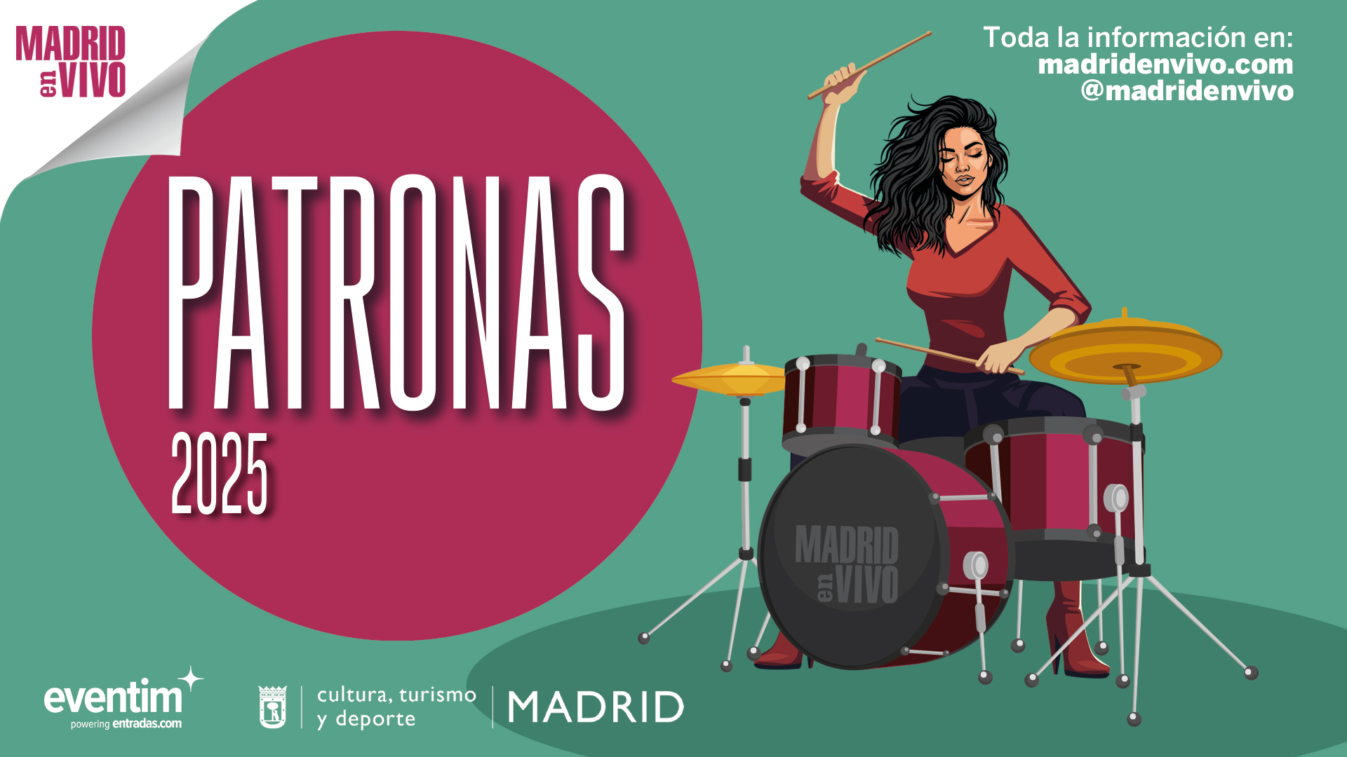 Cartel de Patronas 2025 donde aparece la información del evento, junto a una ilustración de una chica tocando la batería
