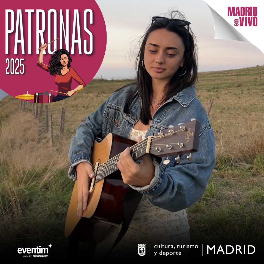 Cartel de Lorena Monge en Patronas 2025 donde aparece la artista tocando la guitarra en un campo con gafas de sol en la cabeza y cazadora vaquera