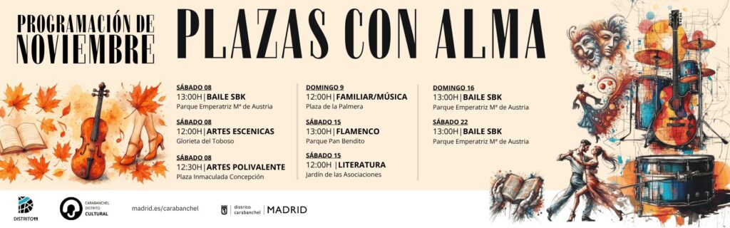 Ilustraciones de disciplinas artísticas y el texto Plazas con alma programación de noviembre