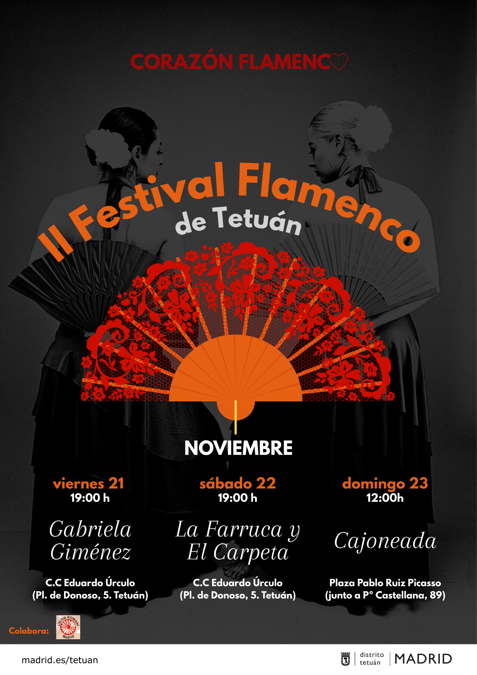 Cartel del II Festival Flamenco de Tetuán donde aparece la información del evento, con un motivo de un abanico rojo y naranja y una imagen de flamencas de fondo como degradado
