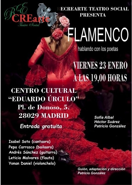 Cartel del espectáculo de flamenco 'Hablando con los poetas' donde aparece la información del evento y una ilustración de una flamenca de espaldas sobre fondo negro