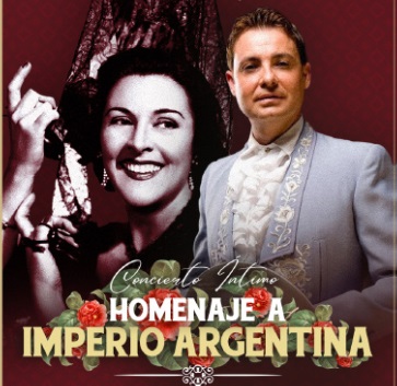 Concierto homenaje a Imperio Argentina por Manuel de Segura con una foto del artista sobre una imagen en blanco y negro de la cantante