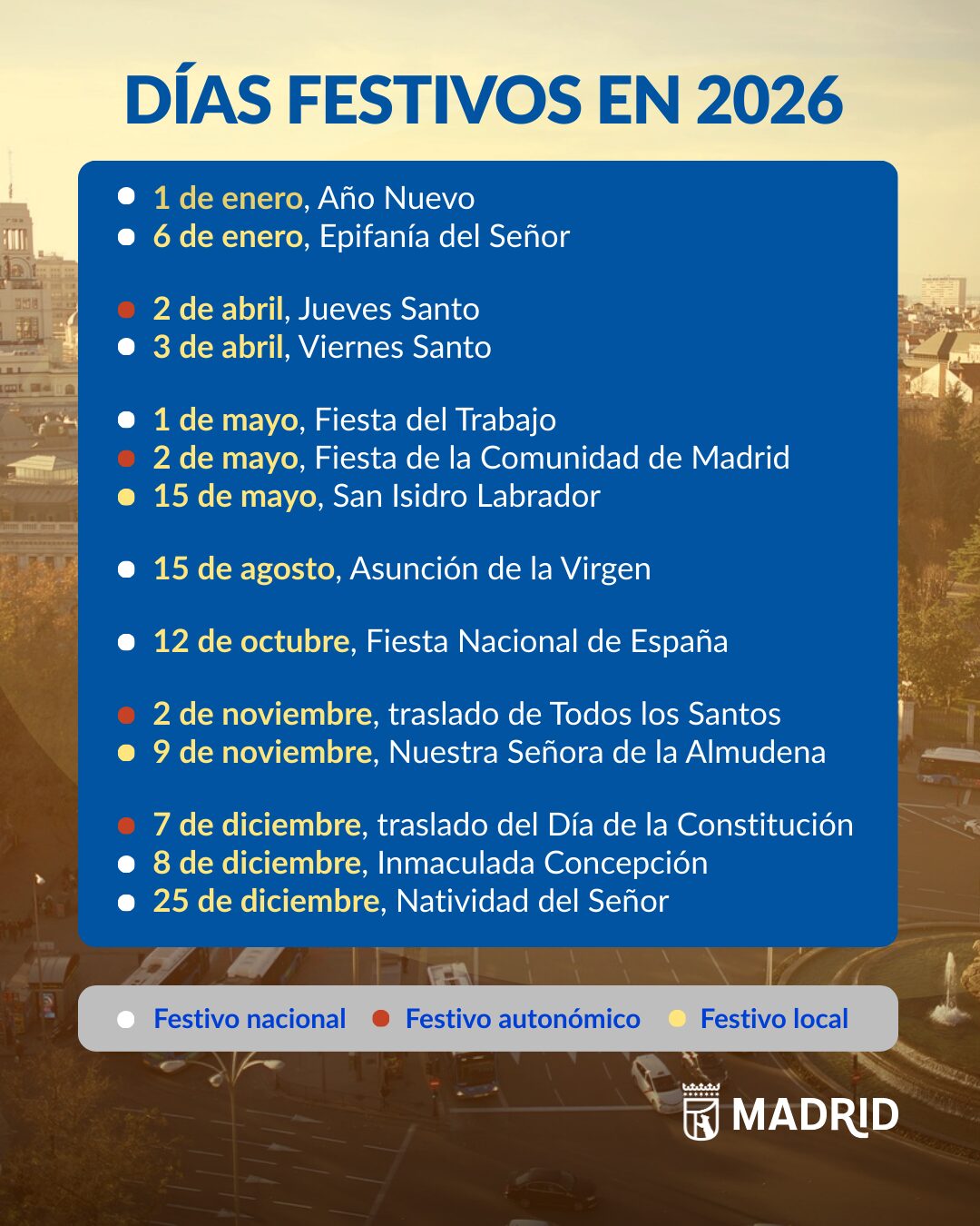 Calendario laboral 2026: todos los días festivos en la ciudad de Madrid ...