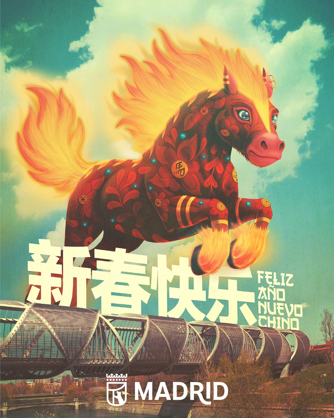 Ilustración del Año Nuevo Chino 2026 en Madrid con un caballo rojo y dorado del Año del Caballo de Fuego saltando sobre un puente