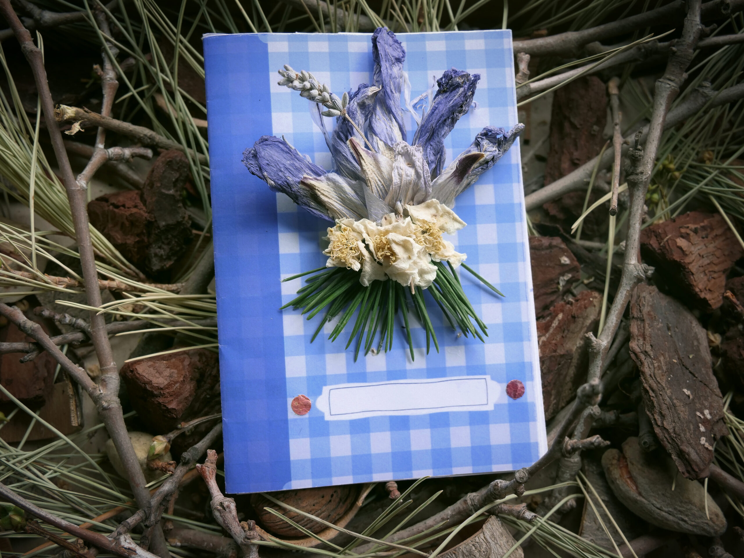 Cuaderno decorado con elementos naturales sobre ramas en el parque Quinta de los Molinos.