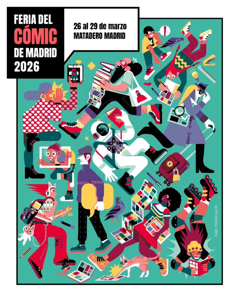 Cartel de la Feria del Cómic de Madrid 2026 en Matadero Madrid con ilustración de personajes y autores