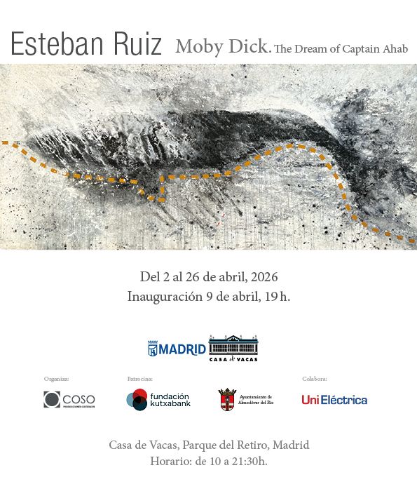 Cartel de la exposición con dibujo de una ballena en escala de grises 