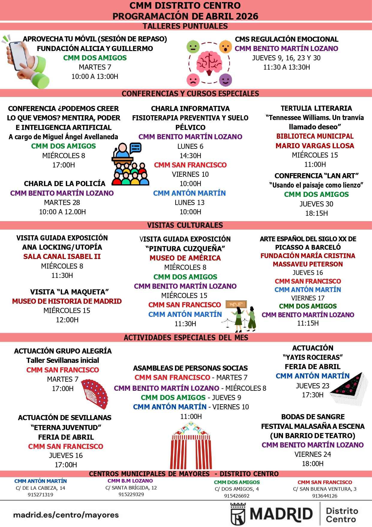Cartel con la programación de actividades de los centros de mayores del distrito